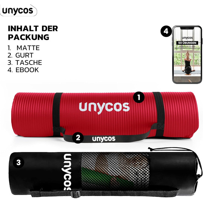 Килимок для йоги Unycos з нековзким покриттям | Товщина 6/10/15 мм, з ремінцем для перенесення, для фітнесу, пілатесу, червоний 183*60*1 см, з E-Book