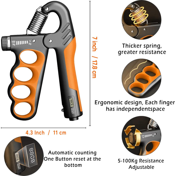 Набір для тренування рук (5 шт.) – з регульованим опором, підтримуючою ручкою для передпліччя, розтягувачем пальців, кільцем для хвата та м'ячиком для зняття стресу для спортсменів
