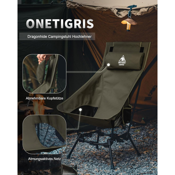 Стілець для кемпінгу OneTigris DRAGONHIDE, розкладний, висока спинка, 125 кг, з 2 кишенями, ультралегкий для відпочинку на природі, піших прогулянок та риболовлі