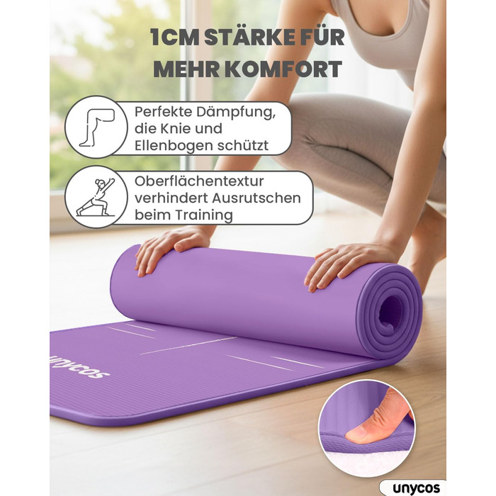 Килимок для йоги Unycos: антиковзаюча поверхня, висока щільність 6/10/15 мм, з сумкою, для пілатесу та фітнесу, колір ліловий, розмір 183*66*1 см.