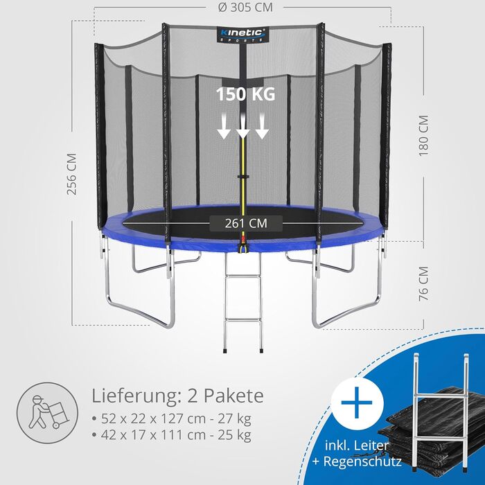 Трамплін KINETIC SPORTS Salto Plus Outdoor для дітей, Ø 183-490 см, повний комплект (мережа, мат, сходи), до 160 кг, блакитний