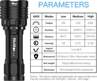 Ліхтар під водою Wurkkos DL30 3600 Lumen, IPX8, 3x LH351D LED, 5000K, з зарядним пристроєм
