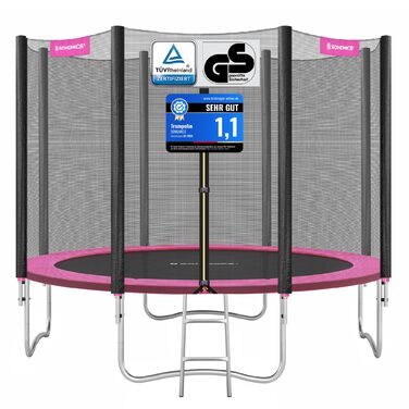 Трамплін SONGMICS Outdoor Ø 183/244/305/366/427 см, круглий, для саду, дитячий з захисним покриттям, з сіткою безпеки, з драбиною та м'якими стійками (305 см, Рожевий)