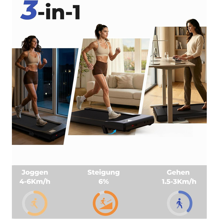 Бігова доріжка Walking Pad з нахилом 6%, для дому та офісу, до 136 кг, з додатком, 6-12 км/год, чорна, 90 см