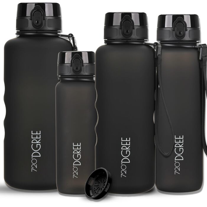 Спортивна пляшка для води 1,5 л 720°DGREE 'uberBottle' з петлею та мотиваційною шкалою, фільтром - не протікає, легка, без BPA - Tritan пляшка для університету, роботи, спорту, фітнесу, тренажерного залу 1500 мл Onyx Black - Чорний