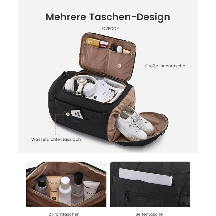 Спортивна сумка LOVEVOOK для жінок та чоловіків, велика сумка для залу, дорожня сумка з відділенням для взуття, водонепроникна сумка для тренувань, плавання, Travel Duffle Bag з рюкзаком, 45L (51*28*32 см), Бежевий
