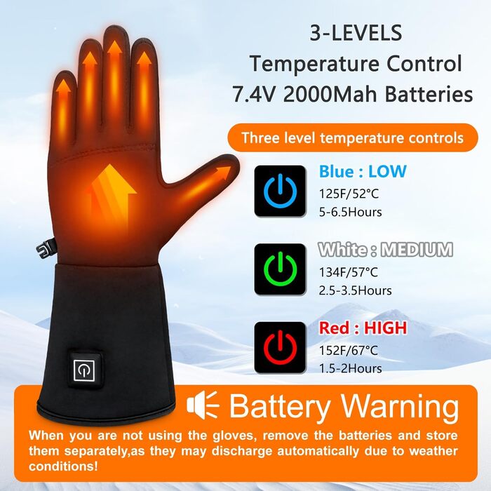 Електричні гріючі рукавички для жінок та чоловіків, чорні, M/L, водонепроникні, з акумулятором 7.4V 2200mAh, 3 режими нагріву, сенсорний екран