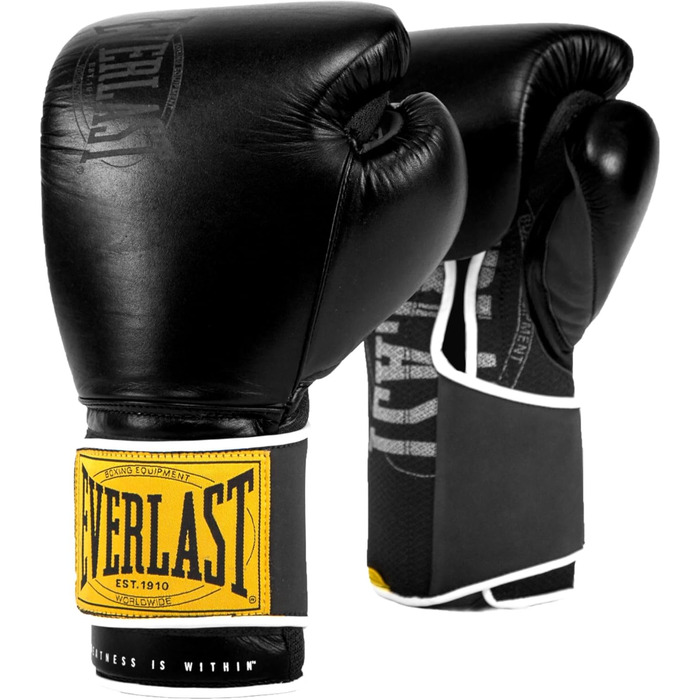Боксерські рукавички Everlast 1910 Classic з натуральної шкіри, для тренувань з мішком та лапами, на липучці, потрійна амортизація, ергономічна ручка, оригінальні чорні Everlast 12OZ