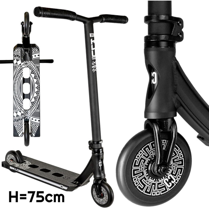 Скутер трюковий CORE Trick Tretroller 110mm, ABEC 9, для початківців та професіоналів, від 5 років, регульована висота 78-95 см, + наліпка Fantic26 (Park CL1 Mini H=75, чорний)