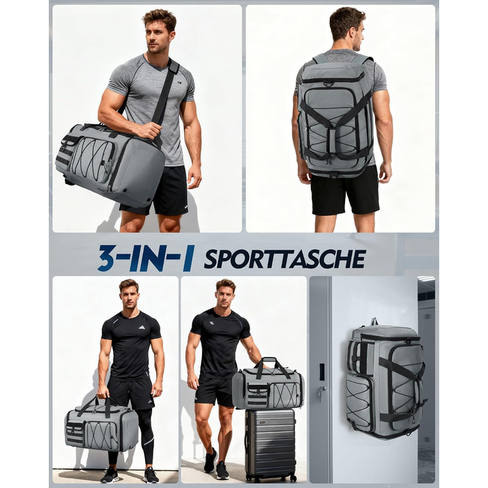 Спортивна сумка RAINSMORE 45L 3-в-1 для фітнесу та подорожей, водонепроникна дорожня сумка з відділенням для взуття та мокрих речей (Сіра)