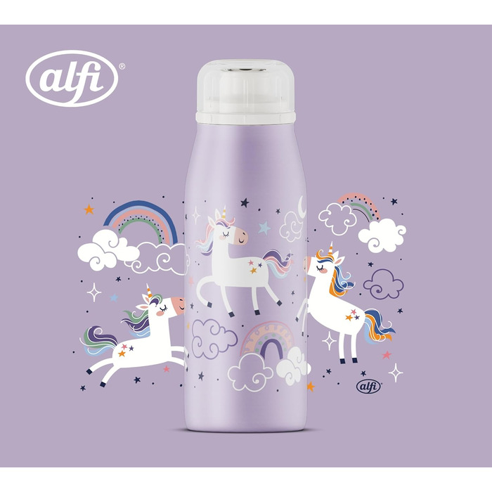 Дитяча термос-пляшка alfi KIDS ISO 350 мл, ліловий Єдиноріг, нержавіюча сталь, герметична, зберігає тепло 12 годин, холод 24 години, для газованих напоїв, BPA-free
