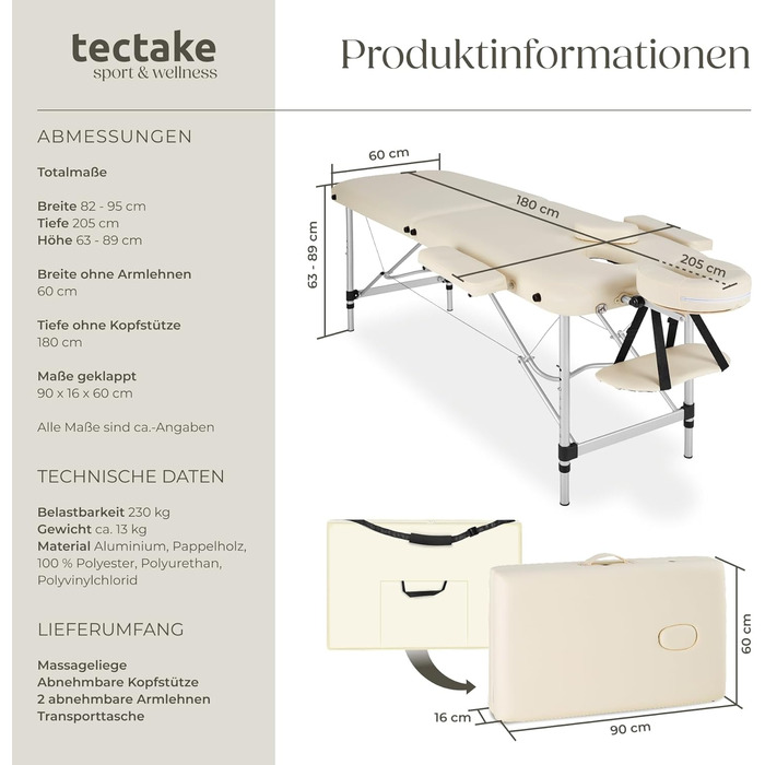 Масажний стіл Tectake 2 зони, складаний, з регулюванням висоти, з аксесуарами (головна підтримка, підлокітники, сумка) - бежевий