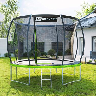 Трамплін Hop-Sport Outdoor - діаметр 244/305/366/427/488 см. З безпечним внутрішнім сіткою, вигнутими стійками та сертифікатами безпеки. Комплект з драбиною та захисним бордюром (305 см)