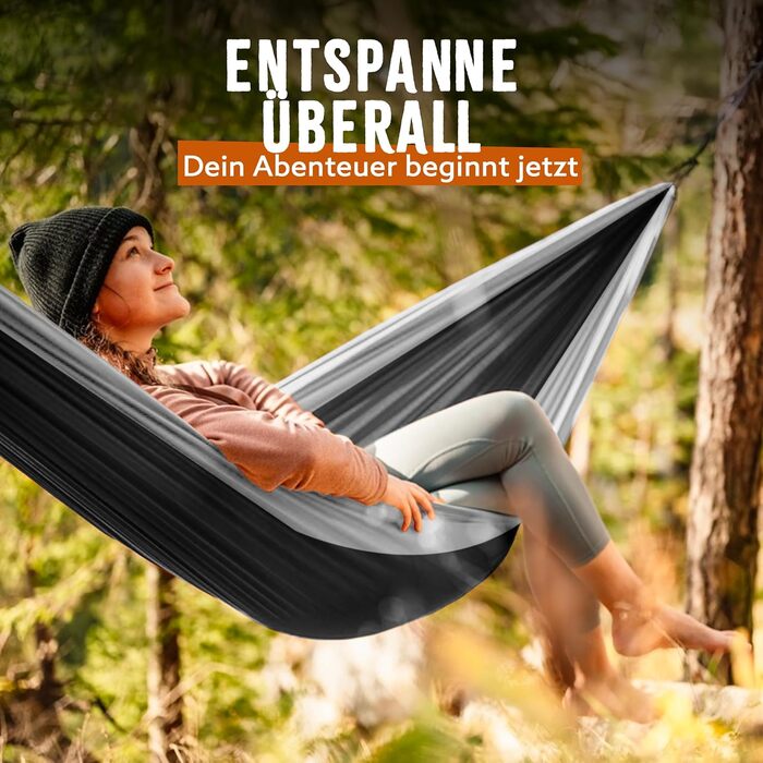 Гамак Monkey Swing ультралегкий з карабіном та стропами (до 300 кг) – 275 x 140 см, для кемпінгу, відпочинку на природі, трекінгу та подорожей (зелений/хакі, чорний)