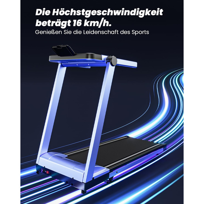 Складне бігове полотно для дому Klappbar 16 km/h, Walking Pad Foldable з нахилом 6%, бігове полотно 158 KG велика площа бігу 112 * 42cm, бігове полотно тихе для дому та офісу (Синьо-Чорний)