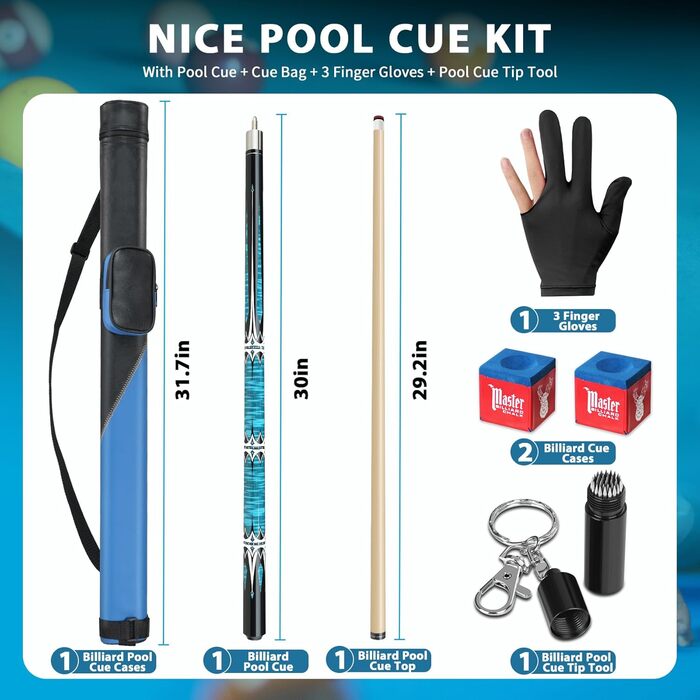 Професійний більярдний кий Bvrocio з кейсом, комплект: кий з акації, чохол, рукавички, вентилятор, крейда, 13 мм наконечник, 147.3 см, 540 г