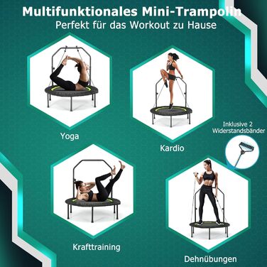 GYMAX Фітнес батут 101 см, складаний міні-батут до 150 кг, садовий батут з регульованою ручкою та 2 еспандерами, для дорослих і дітей