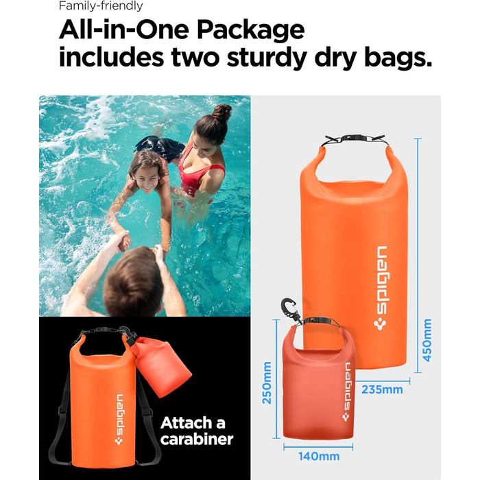 Набір водонепроникних сумок Spigen Dry Bag Set [Aqua Shield] 20L+21L для пляжу, плавання, кемпінгу, каякінгу та човнів (Sunset Orange)