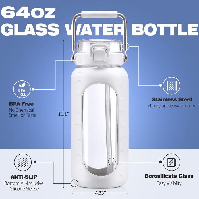 Гідрофляга HYDRAGLAZIC 1900 мл з трубочкою і сталевою ручкою, мотиваційна пляшка для води з силіконовим чохлом і часовими мітками, для контролю щоденного споживання води, біла