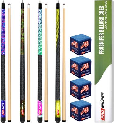 Набір біліардних київ преміум-класу (4 шт.) | 147 см, 539 г канадський клен | Низький відгін, 4 крейди | Для дому та барів