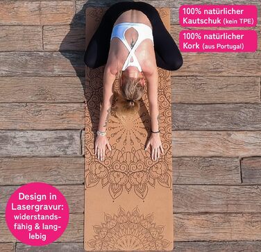 Йога мат Premium Kork: з натурального каучуку та корку | 100% натуральний та екологічний | 183 x 66 x 0,4 см | з чохлом для перенесення | антиковзаюча | без шкідливих речовин | без TPE | міцний та довговічний | дизайн Мандала