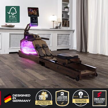 Sportstech WRX1000: Гребний тренажер з водяним опором для дому. Масивне дерево, LED-дисплей, підтримка додатків та планшета. Німецька якість.
