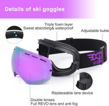 Сноубордична маска EXP VISION для чоловіків і жінок, 100% UV400, антифог, сферична лінза, для окулярів, універсальний розмір, колір Grapes