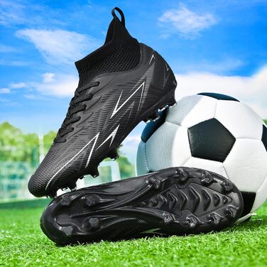 Чоловічі футбольні бутси з високим верхом для штучного поля, дитячі футбольні бутси з шипами, футбольні черевики (чорний, 41 EU)