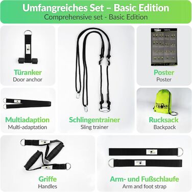 Слінг-тренажер PREMIUM Made in Germany: набір для силових тренувань вдома та на вулиці, з дверним кріпленням, плакатом та планом тренувань