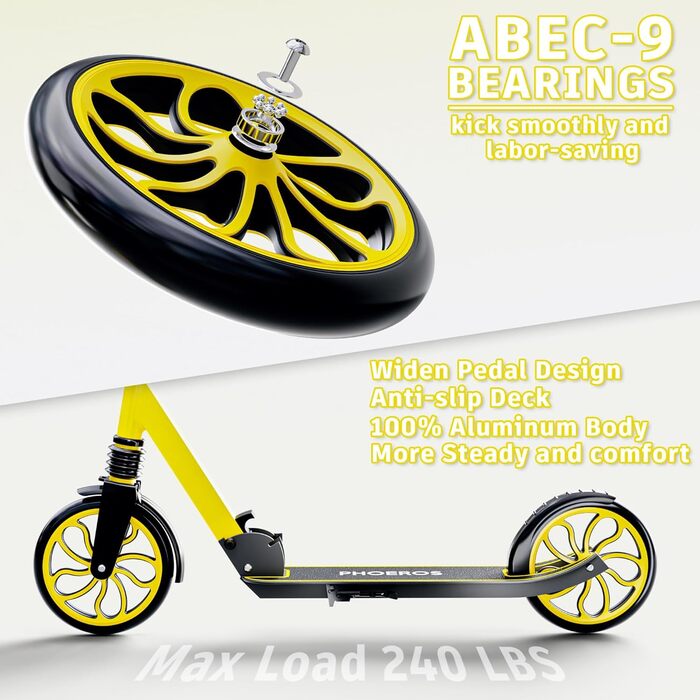 Дитячий трюковий самокат PHOEROS для дітей та дорослих, 6-12 років, складний, з амортизацією, жовтий