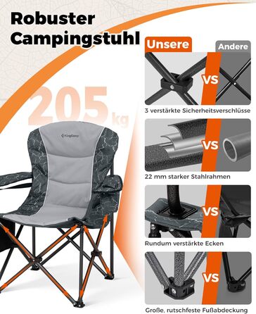 Крісло для кемпінгу KingCamp XXL, 205 кг, чорне, з регульованою спинкою, високе, з кишенею для напоїв та сумкою-холодильником