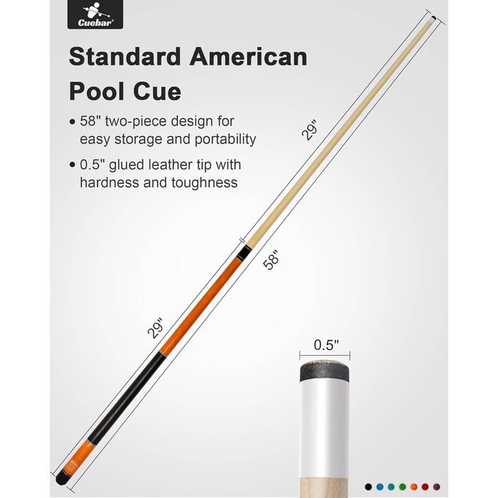 CUEBAR Більярдні кий для дорослих, 147 см, 2 частини, ручка з екошкіри, різні кольори (7 кольорів), вага 510-595 г