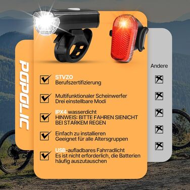 Набір велосипедних LED фар StVZO 30/15 LUX, 360° підсвітка, водонепроникний IPX4, акумулятор USB, до 10 годин, передня та задня фара для дорослих і дітей