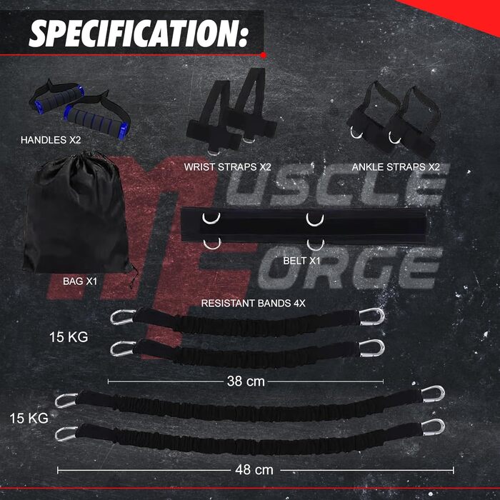 Набір еспандерів MuscleForge для боксу та стрибків, універсальні тренувальні стрічки з поясом для моторного тренування, обладнання для боксу вдома, функціональний тренажер