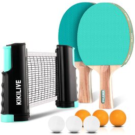 Набір для настільного тенісу для 2 гравців: 2 ракетки, сітка та 6 м'ячів - для гри в приміщенні та на вулиці, синьо-зелений
