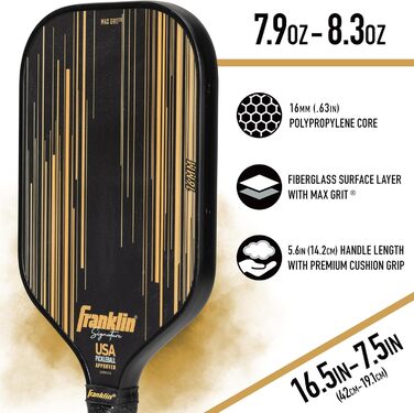 Професійна ракетка для піклболу Franklin Sports Signature Series з MaxGrit-покриттям, турнірна, затверджена USAPA, поліпропіленовий осердя 13 мм + 16 мм