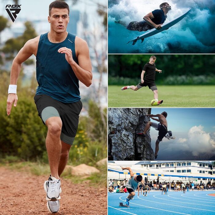 Шорти чоловічі RDX 2-в-1 для бігу та тренувань, компресійні, з кишенями на блискавках (Сірий, XL)