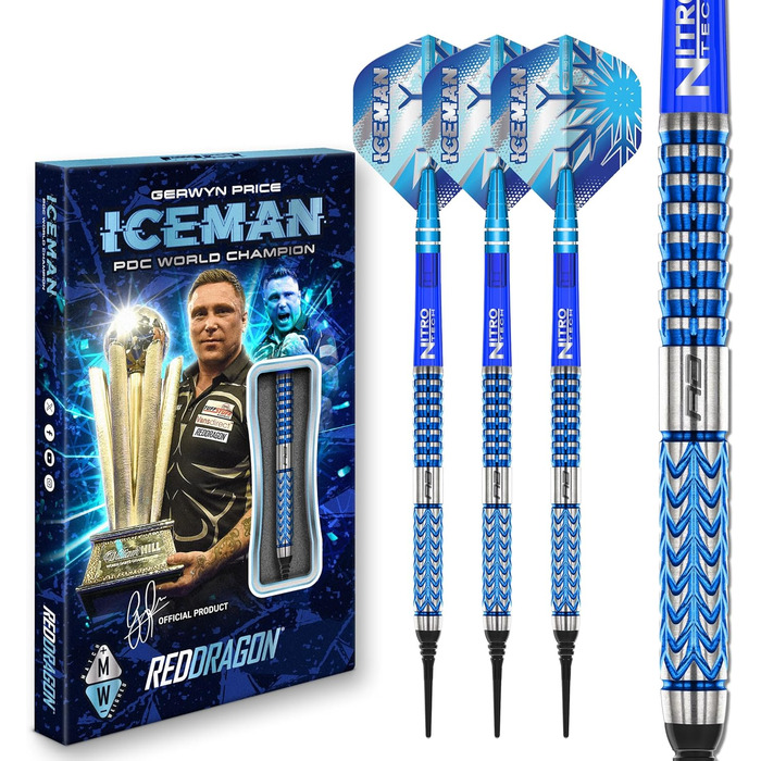 Дартс RED DRAGON Gerwyn Price Iceman Glacier, 90% вольфрам, професійний набір з насадками та хвостовиками, 18г/22г/24г/26г