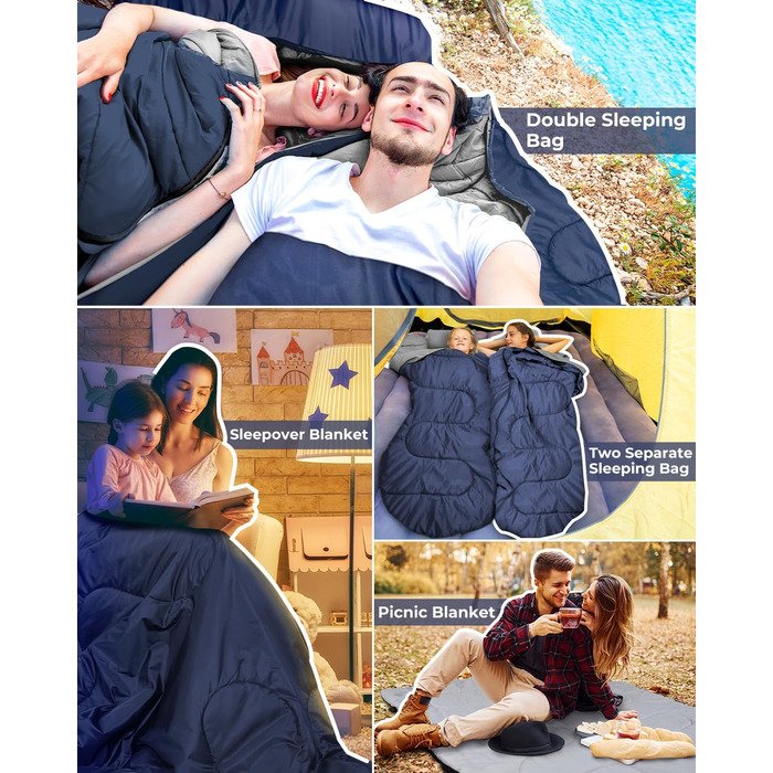 Спальний мішок Ohuhu для двох осіб, 220x150 см, блакитний - для кемпінгу, подорожей, сімейного відпочинку та фестивалів