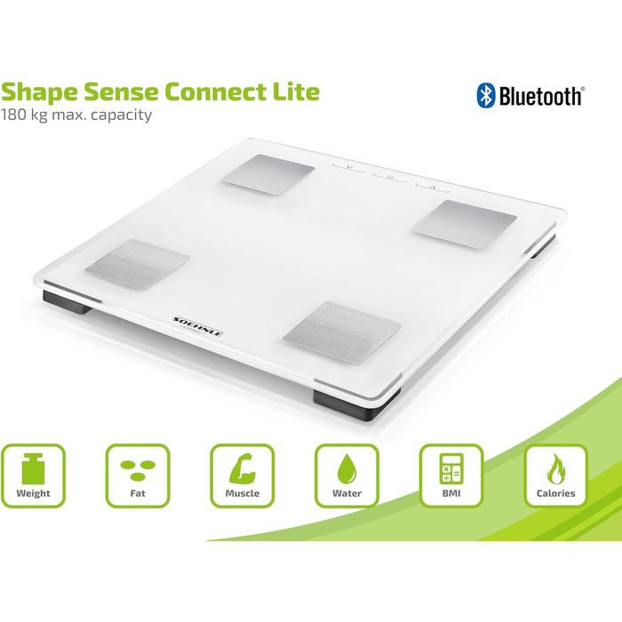 Розумні ваги Soehnle Shape Sense Connect Lite, аналіз складу тіла, з'єднання з додатком, вимірювання жиру, води, м'язової маси, LED-дисплей, білі