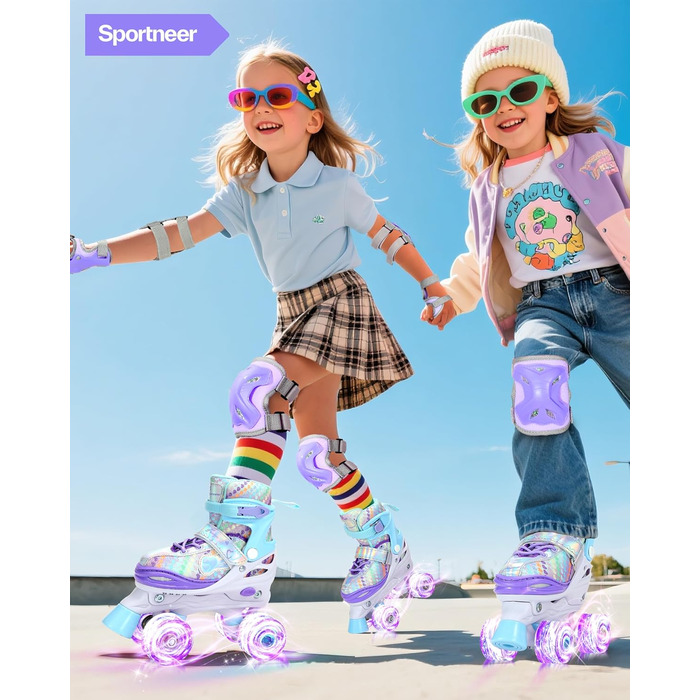 Дитячі ролики Sportneer з захистом, регульовані ролики з 8 світлими колесами, для дівчаток, дітей, підлітків, початківців, для занять в приміщенні та на вулиці, фіолетовий S (EU 30-33)