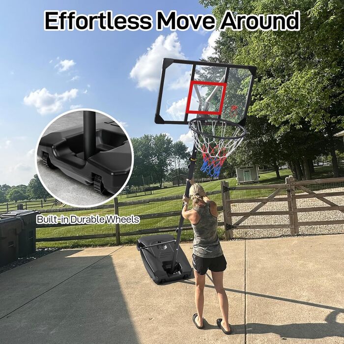 Баскетбольний кошик вуличний дитячий/підлітковий на колесах, регульована висота 147-260 см, з полікарбонатною щитом 82x53 см та розширеною основою, чорно-червоний