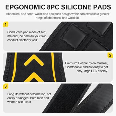 EMS тренажер для пресу, електричний, 10 режимів, 30 інтенсивностей, USB, портативний, жовтий