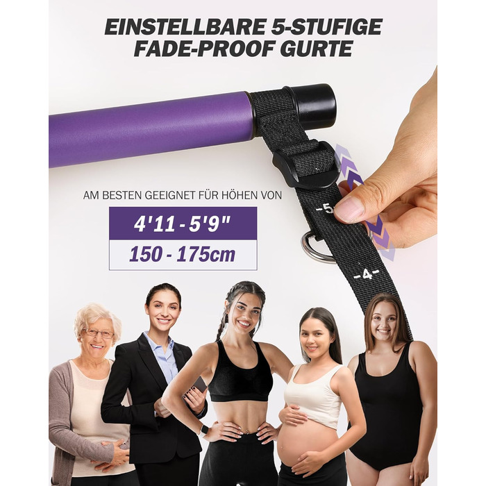 Набір фітнес-гумок з 6 еластичними стрічками 20-180/240 lbs та стійкою для пілатесу, ручками, фіксаторами для дверей. Для силових тренувань вдома. Колір: фіолетовий