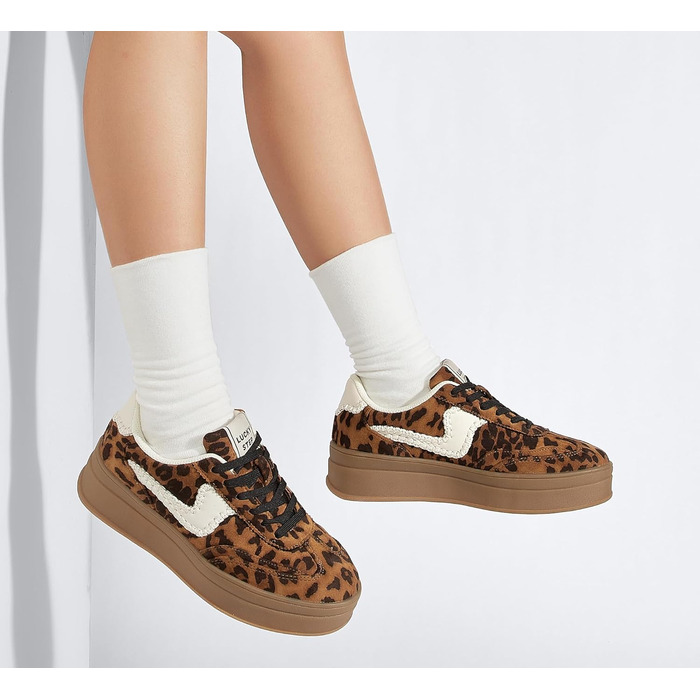 Жіночі кросівки на платформі LUCKY STEP – модні масивні кросівки, зручні шнурівки для повсякденного носіння та прогулянок з прошитими деталями. Чорно-білі (Коричневий леопард, 38 EU)
