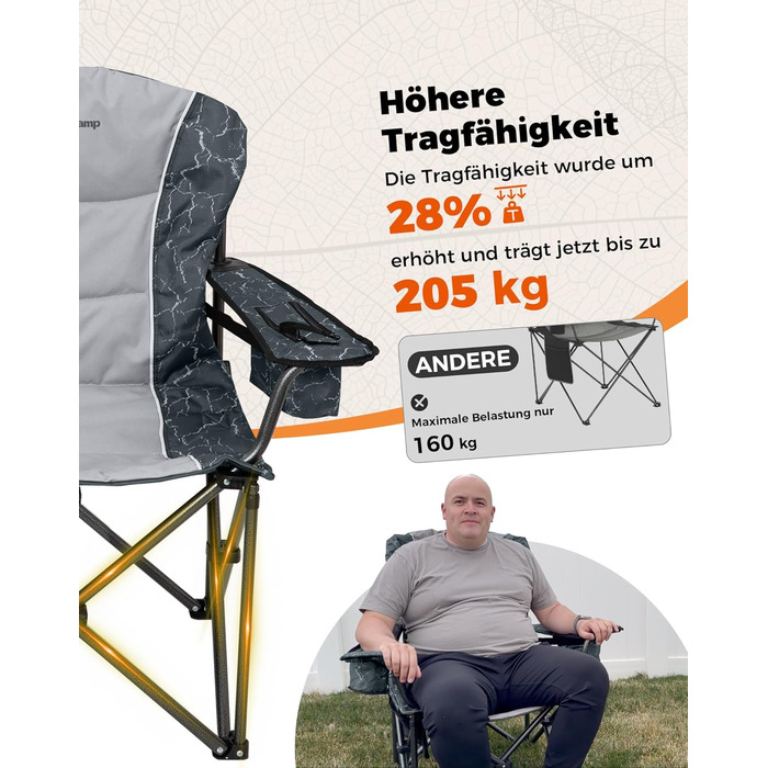 Крісло для кемпінгу KingCamp XXL, 205 кг, чорне, з регульованою спинкою, високе, з кишенею для напоїв та сумкою-холодильником