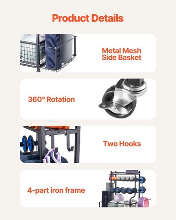 Стенд для зберігання та підтримки йогаматів та гантелей VEVOR - мобільний, з колесами та гачками, для домашніх тренувань