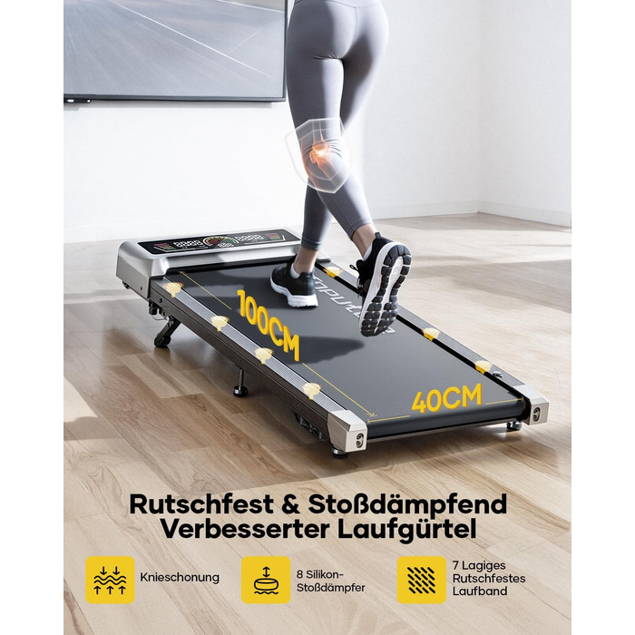Бігова доріжка для дому Laufband з кутом нахилу 10%, 1-10 км/год, під стіл, 3.0 к.с., тихий мотор, електрична, LED-дисплей, пульт ДУ, додаток, срібляста