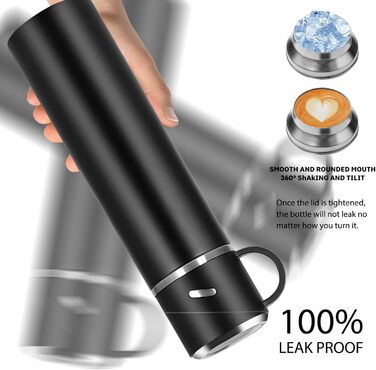 Термос IAGORYUE з нержавіючої сталі, 0.55л, з витокозахисним кришкою та ручкою, двостінний, зберігає тепло/холод до 12 годин, для спорту, офісу, відпочинку на природі, чорний