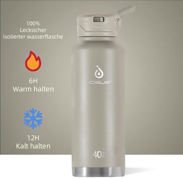 Вакуумна пляшка для води IDEUS 1140 мл, нержавіюча сталь, подвійна стінка, спортивна металева фляга з герметичною кришкою, жовта
